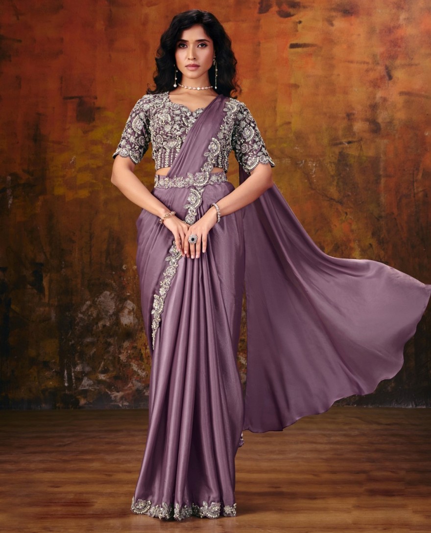 27109 - Lavender Embroidered Wedding Party Designer Saree